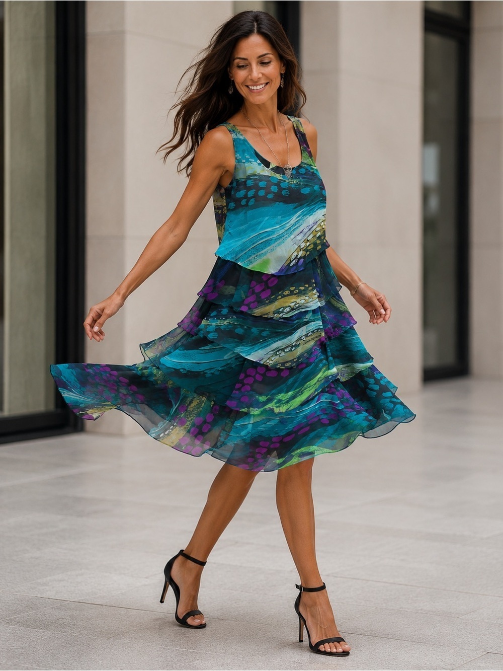 S.L. Fashions Tiered Chiffon Dress Size 8 Blue Purple Abstract Print Sleeveless